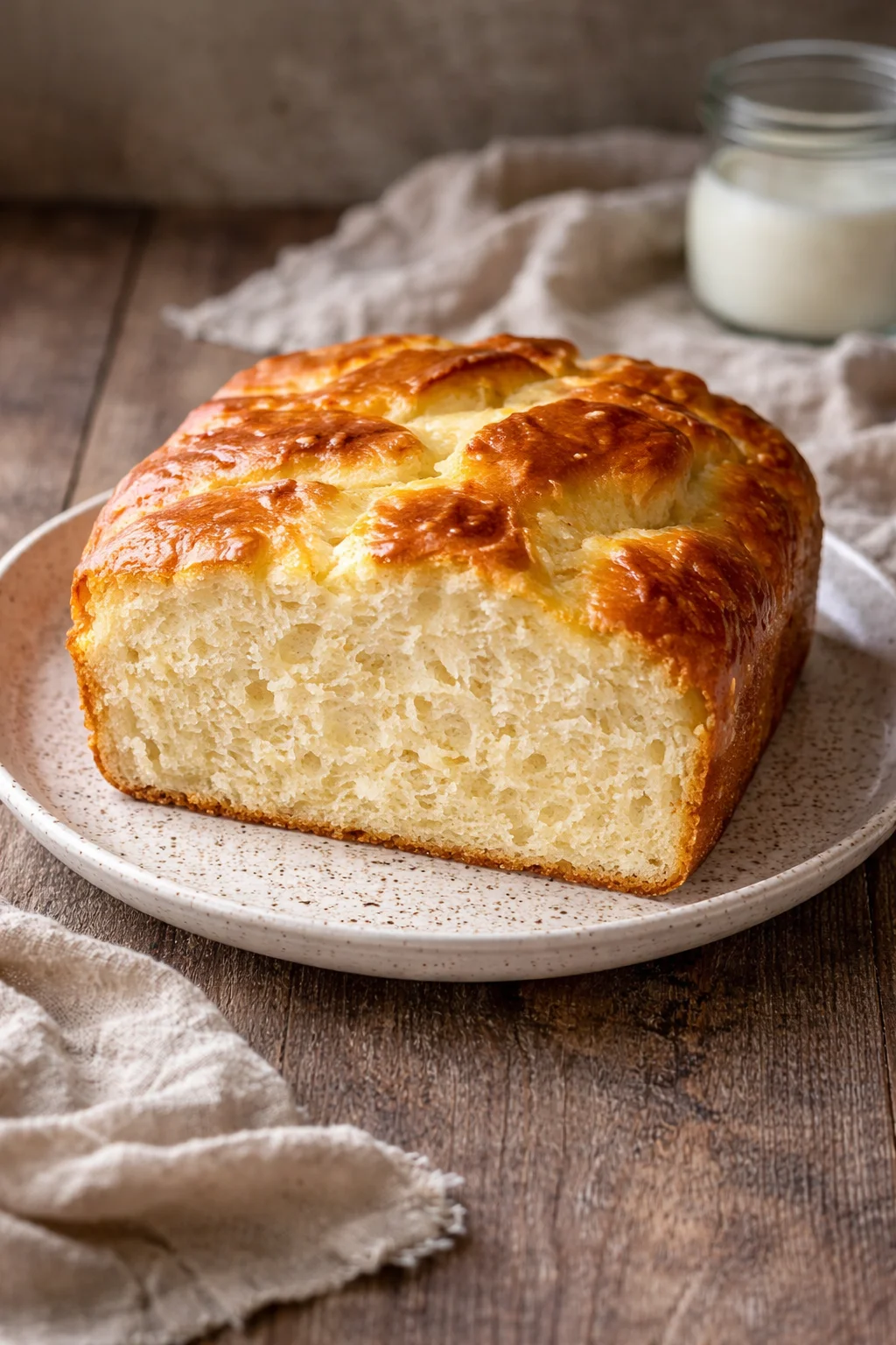 A loaf of homemade zero carb yogurt bread on a wooden cutting board.