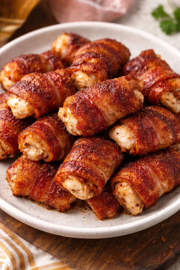 Delicious bacon wrapped chicken bites ready to serve as appetizers.