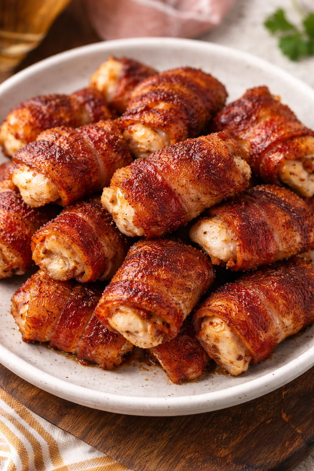 Delicious bacon wrapped chicken bites ready to serve as appetizers.