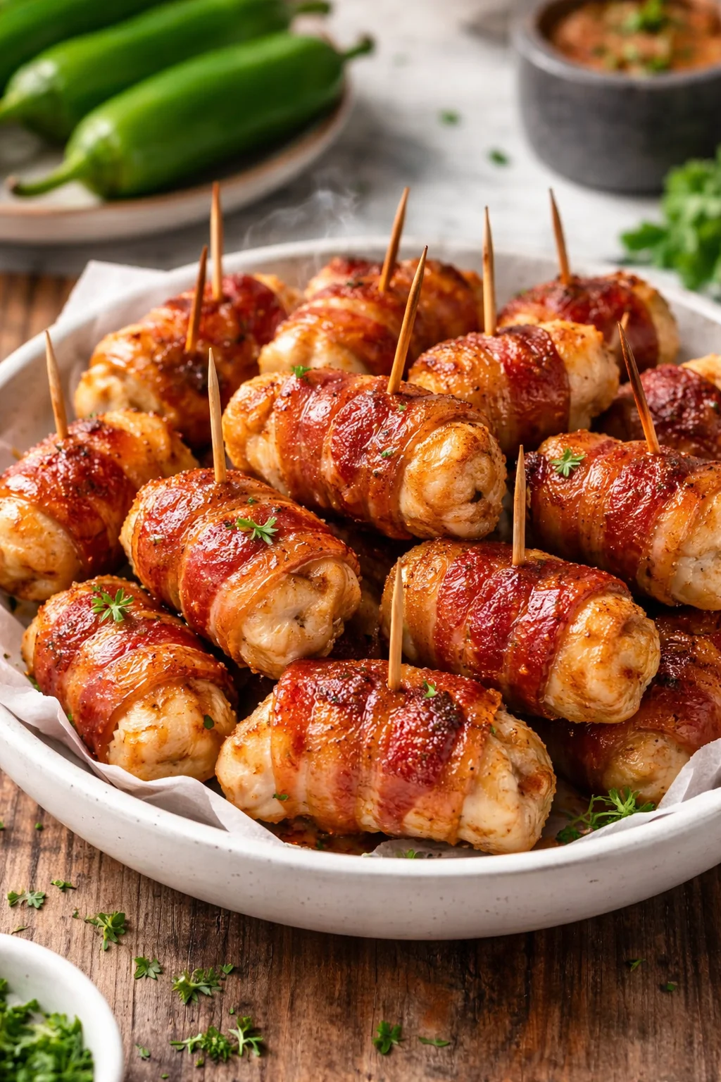 Bacon-wrapped chicken bites on a serving platter