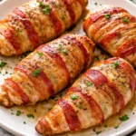 Delicious Bacon Wrapped Chicken Breast on a plate garnished with herbs