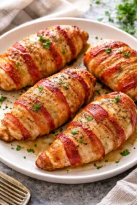 Delicious Bacon Wrapped Chicken Breast on a plate garnished with herbs
