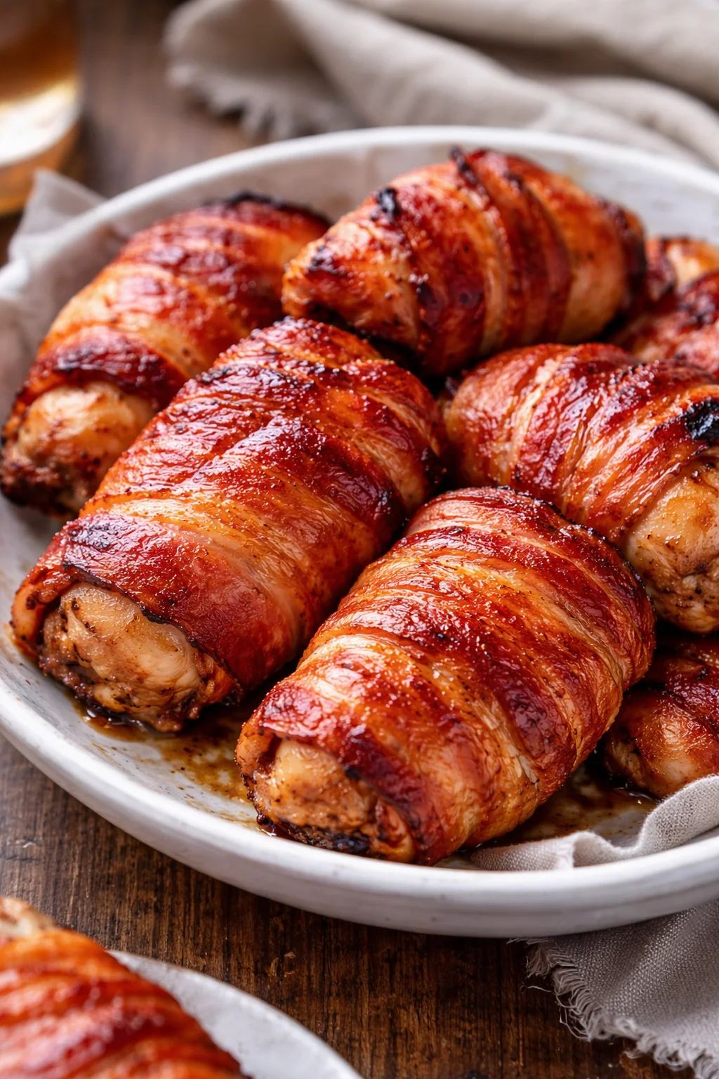 Juicy bacon-wrapped chicken thighs served on a plate, garnished with herbs