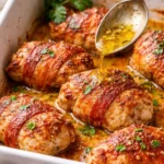 Delicious bacon-wrapped chicken thighs cooked to perfection on a plate
