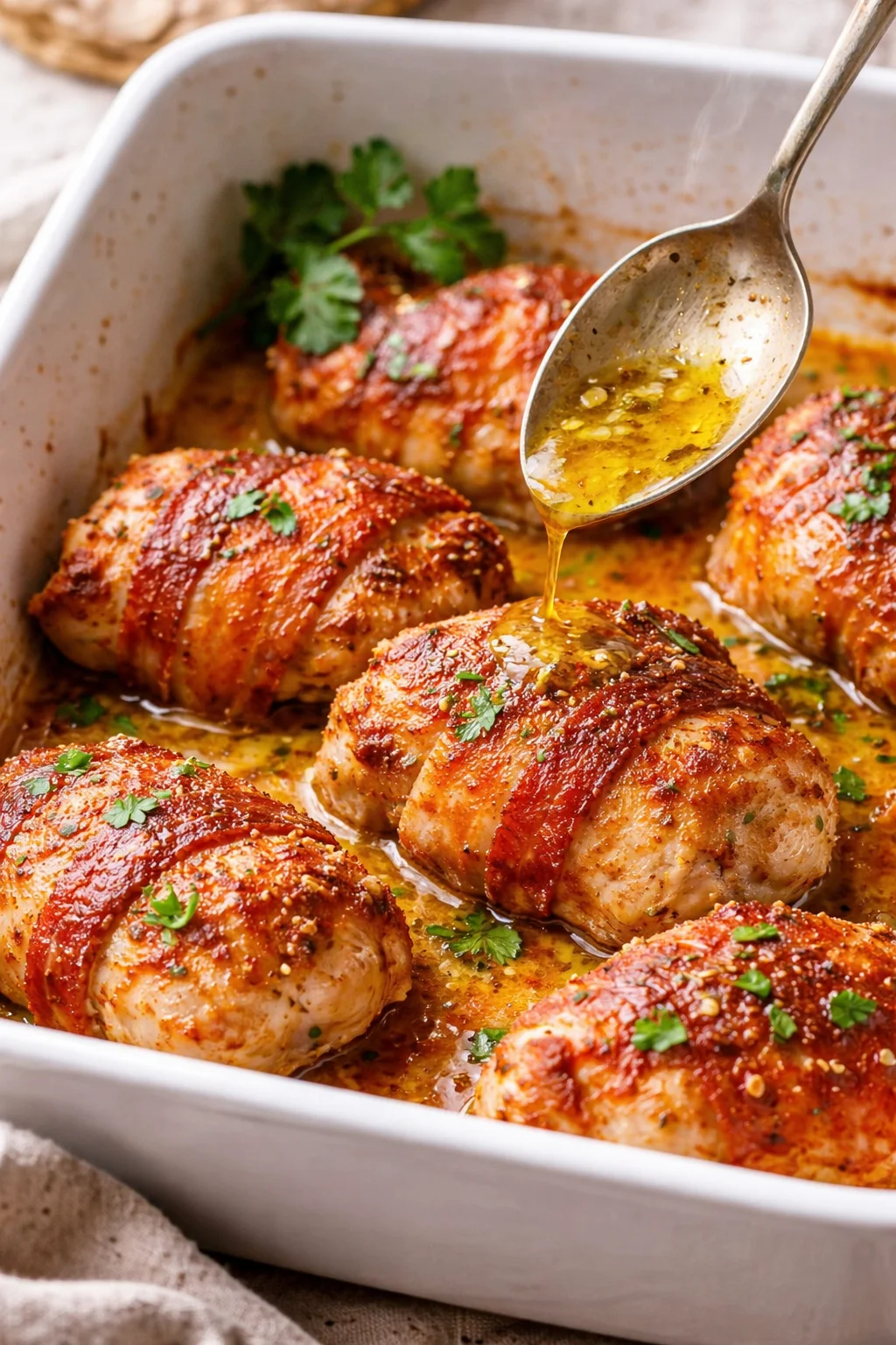Delicious bacon-wrapped chicken thighs cooked to perfection on a plate