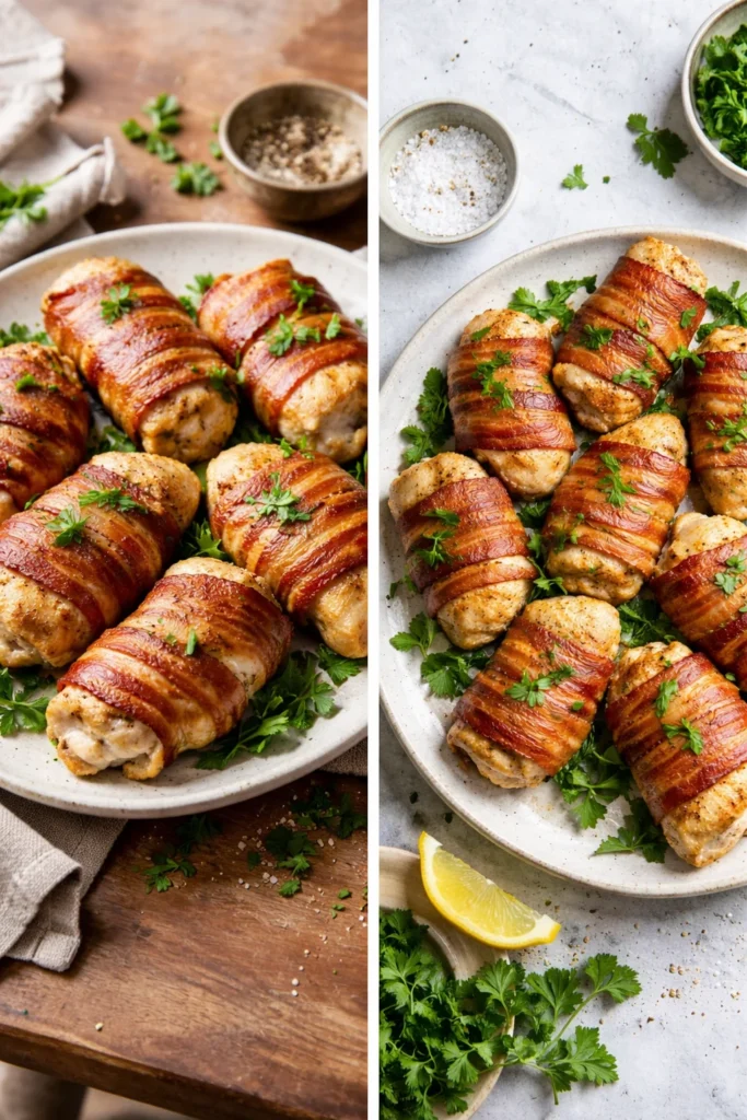 Bacon wrapped chicken thighs cooked to perfection with crispy bacon.