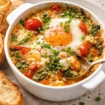 Baked feta eggs with tomatoes and spinach in a baking dish