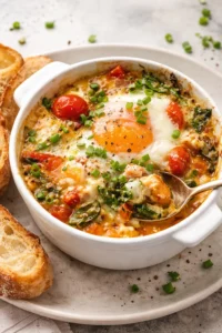 Baked feta eggs with tomatoes and spinach in a baking dish