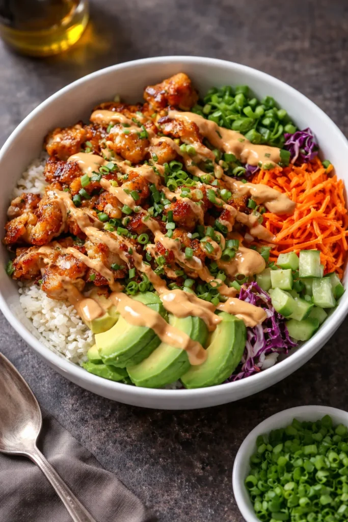 Delicious Bang Bang Chicken Bowl with crispy chicken and fresh vegetables