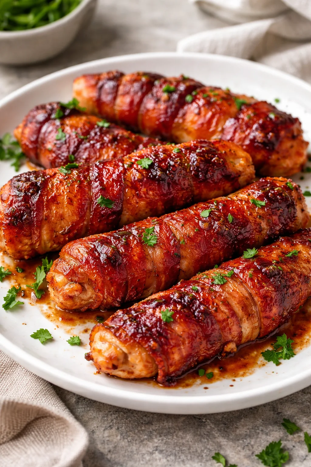 Plate of barbecue bacon wrapped chicken tenders with dipping sauce