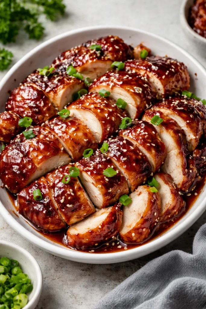 Plate of barbecue pork chicken served with side dishes