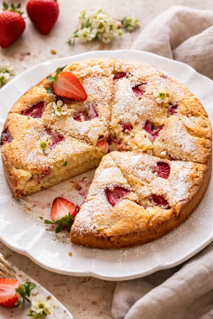 Delicious slice of BEST French Strawberry Cake topped with fresh strawberries