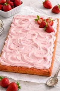 Moist and delicious strawberry sheet cake with fresh strawberries and cream topping.
