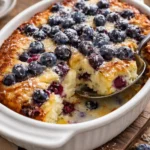 Blueberry Buttermilk Pancake Casserole topped with fresh blueberries