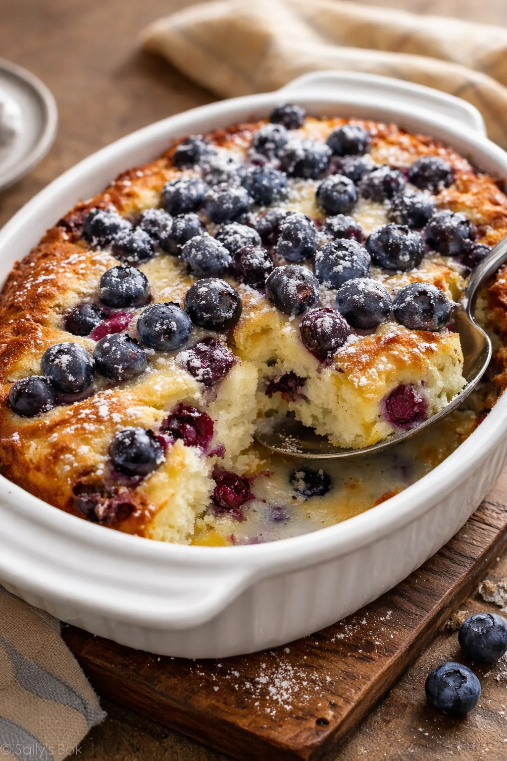 Blueberry Buttermilk Pancake Casserole topped with fresh blueberries