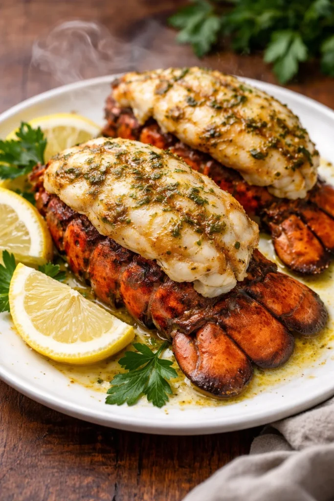 Deliciously broiled lobster tail served with lemon and herbs.