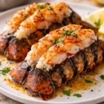 Broiled lobster tail garnished with herbs and lemon.