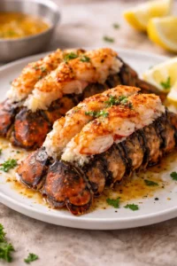 Broiled lobster tail garnished with herbs and lemon.