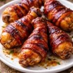 Brown sugar bacon-wrapped chicken drumsticks on a plate