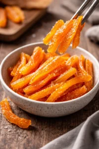 Homemade candied orange peel ready for use in desserts and snacks