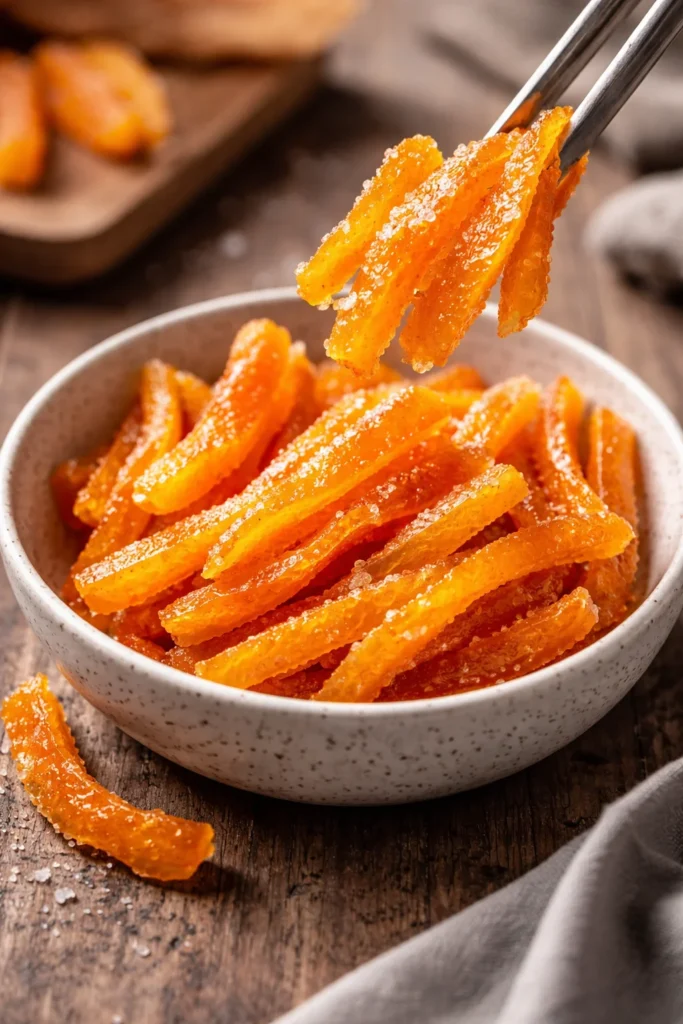 Homemade candied orange peel ready for use in desserts and snacks