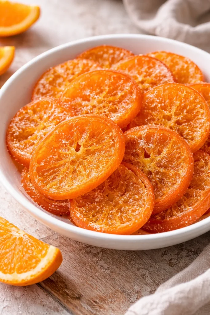 Homemade candied orange slices on a wooden surface