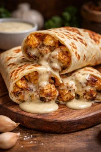 Delicious cheesy garlic chicken wraps ready to serve with fresh ingredients
