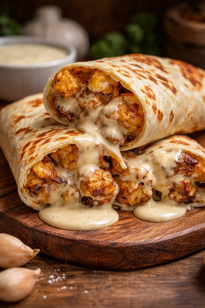 Delicious cheesy garlic chicken wraps ready to serve with fresh ingredients