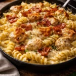 Creamy Chicken Bacon Ranch Pasta topped with crispy bacon and herbs
