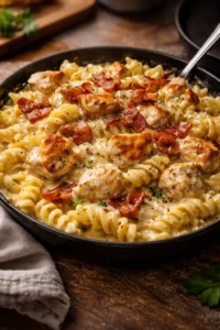 Creamy Chicken Bacon Ranch Pasta topped with crispy bacon and herbs