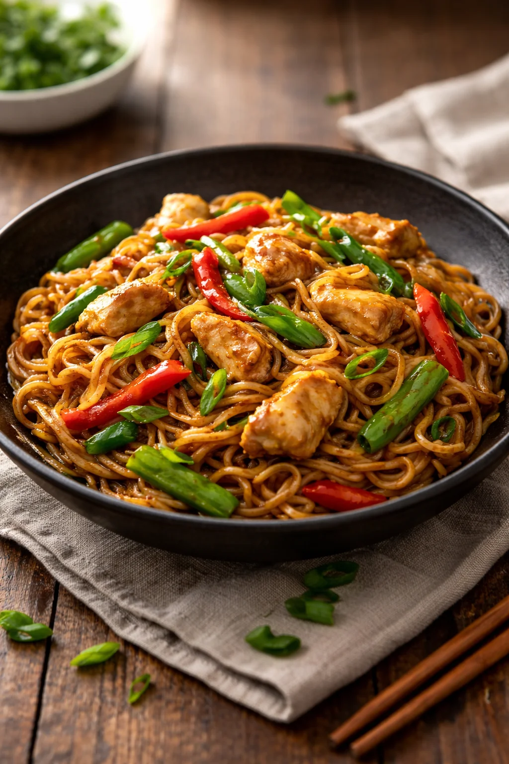 Plate of Chicken Lo Mein with vegetables and chicken stir-fried in sauce.
