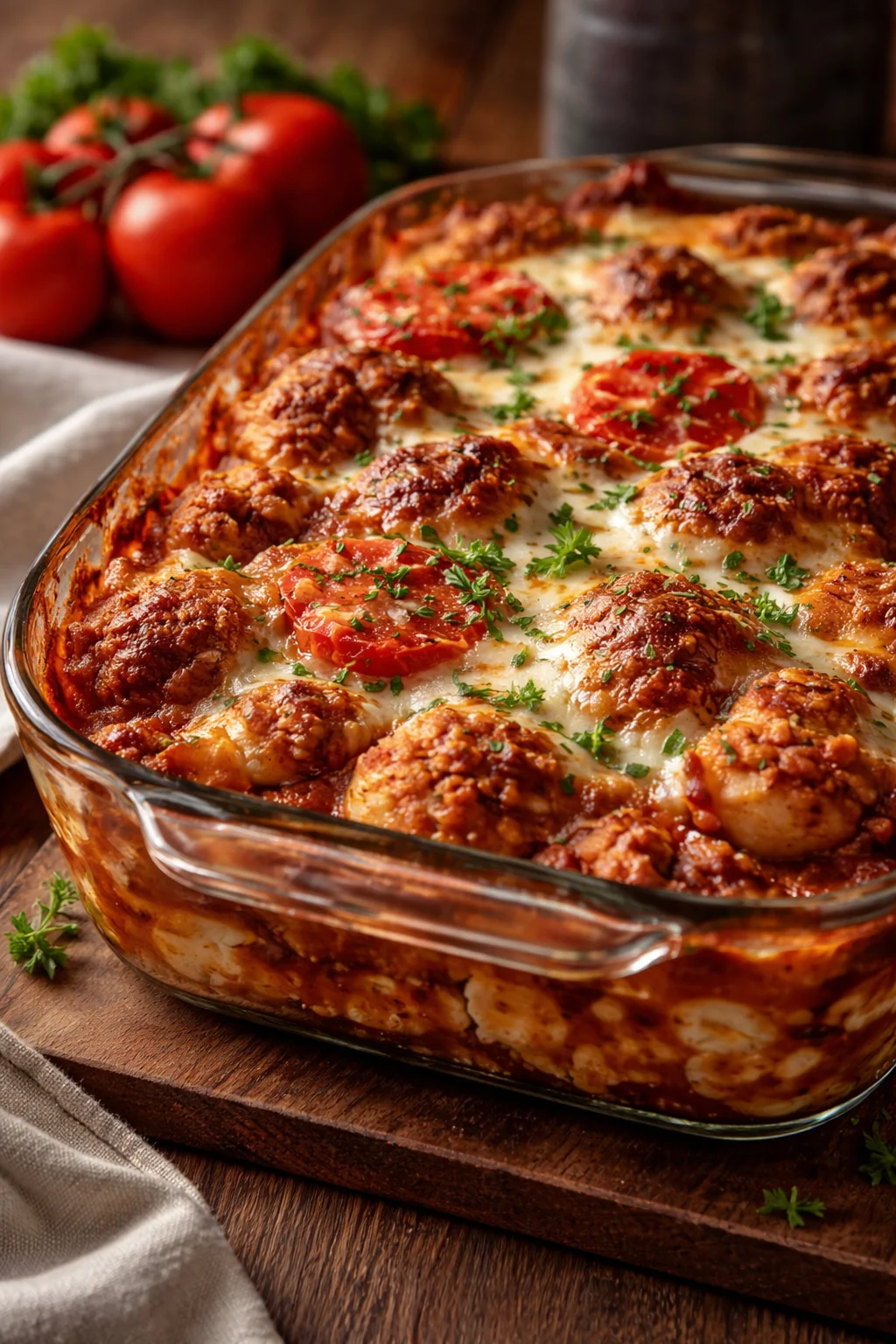 Delicious Chicken Parmesan Casserole with melted cheese and marinara sauce