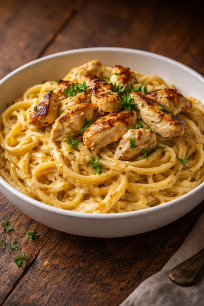 Cowboy Butter Chicken Linguine dish with creamy sauce and pasta