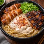 Bowl of creamy chicken ramen topped with green onions and soft-boiled egg.
