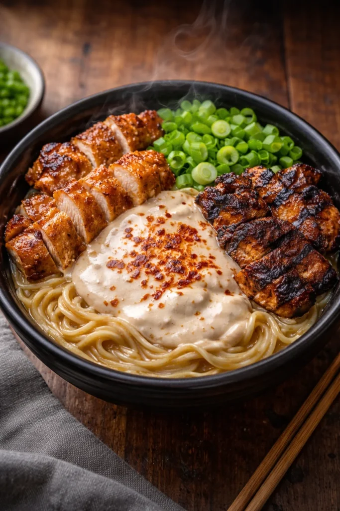Bowl of creamy chicken ramen topped with green onions and soft-boiled egg.