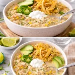 Creamy crockpot white chicken chili with toppings in a bowl