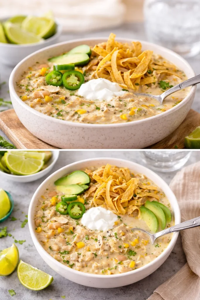 Creamy crockpot white chicken chili with toppings in a bowl
