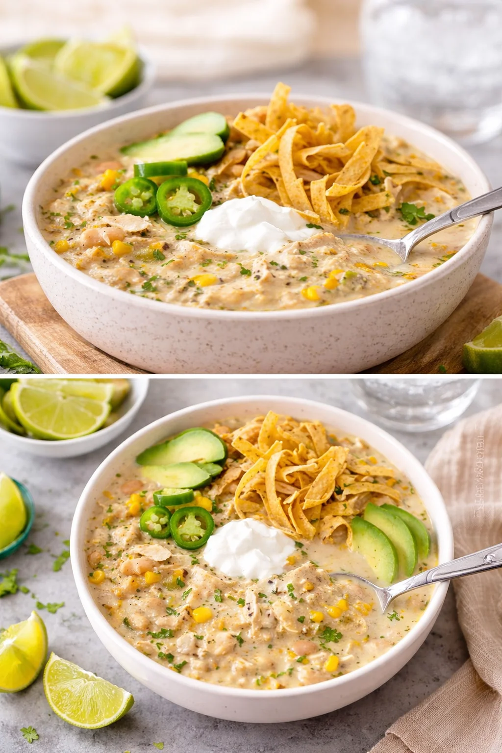 Creamy crockpot white chicken chili with toppings in a bowl