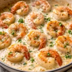 Plate of creamy garlic shrimp garnished with parsley