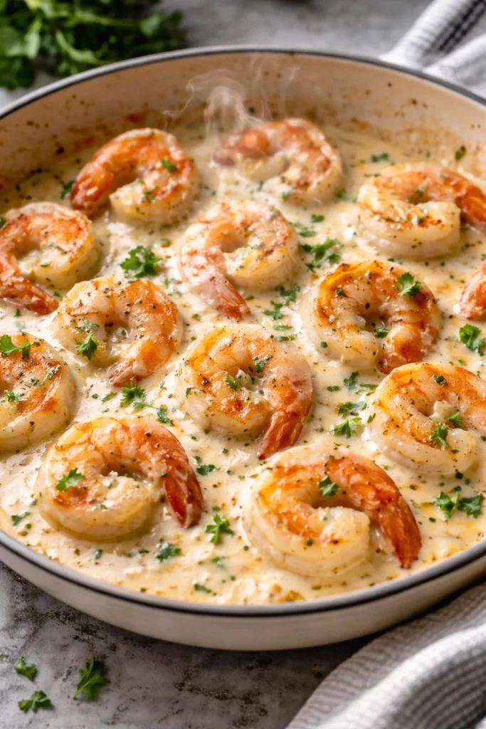 Plate of creamy garlic shrimp garnished with parsley