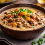 Bowl of creamy high-protein taco soup topped with cheese and cilantro