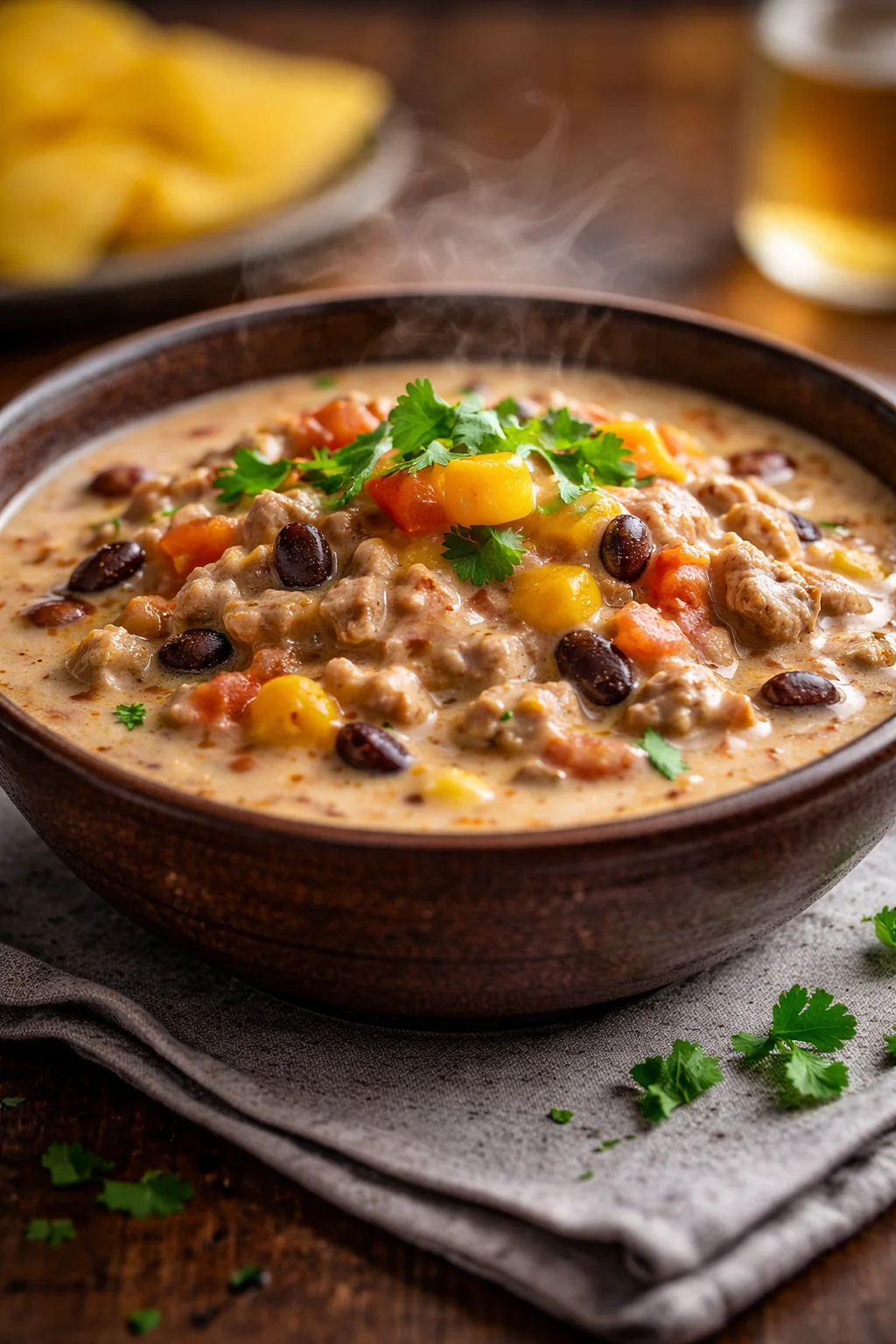 Bowl of creamy high-protein taco soup topped with cheese and cilantro