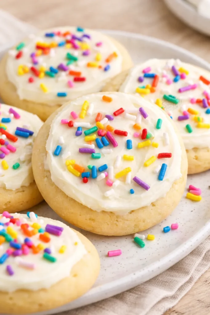 Delicious creamy sugar cookie frosting on freshly baked cookies
