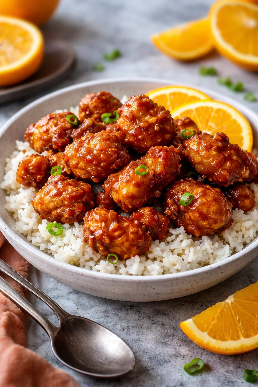 Delicious crispy orange chicken on a plate, garnished with green onions.