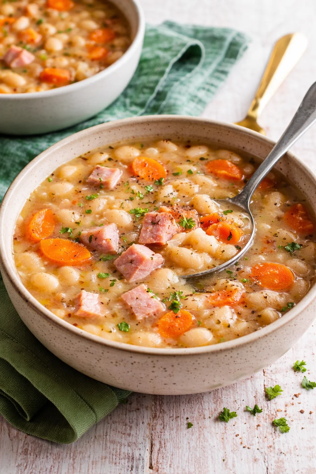 A bowl of easy Ham and Bean Soup garnished with fresh herbs.