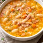 Bowl of easy ham and bean soup garnished with herbs