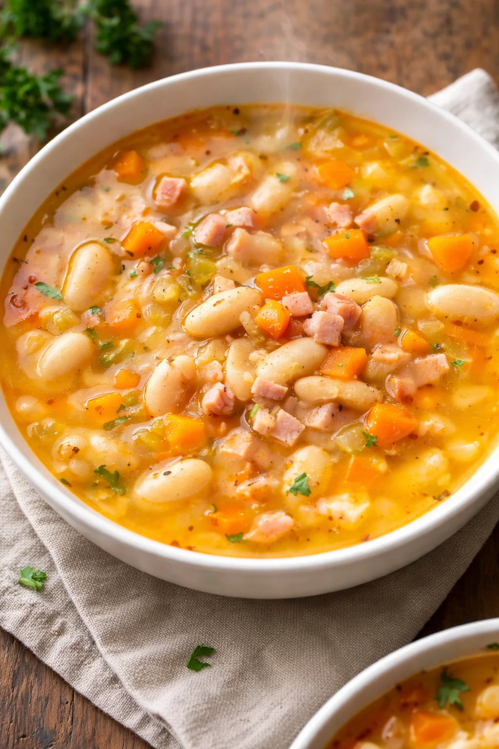 Bowl of easy ham and bean soup garnished with herbs