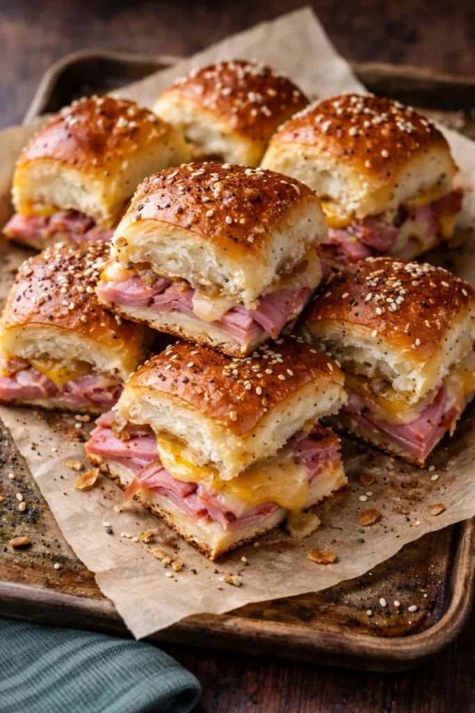 Easy ham and cheese Hawaiian sliders recipe with rolls and melted cheese.