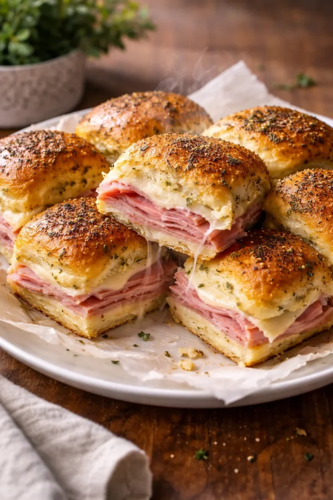 Delicious ham and swiss sliders served on a platter for a party