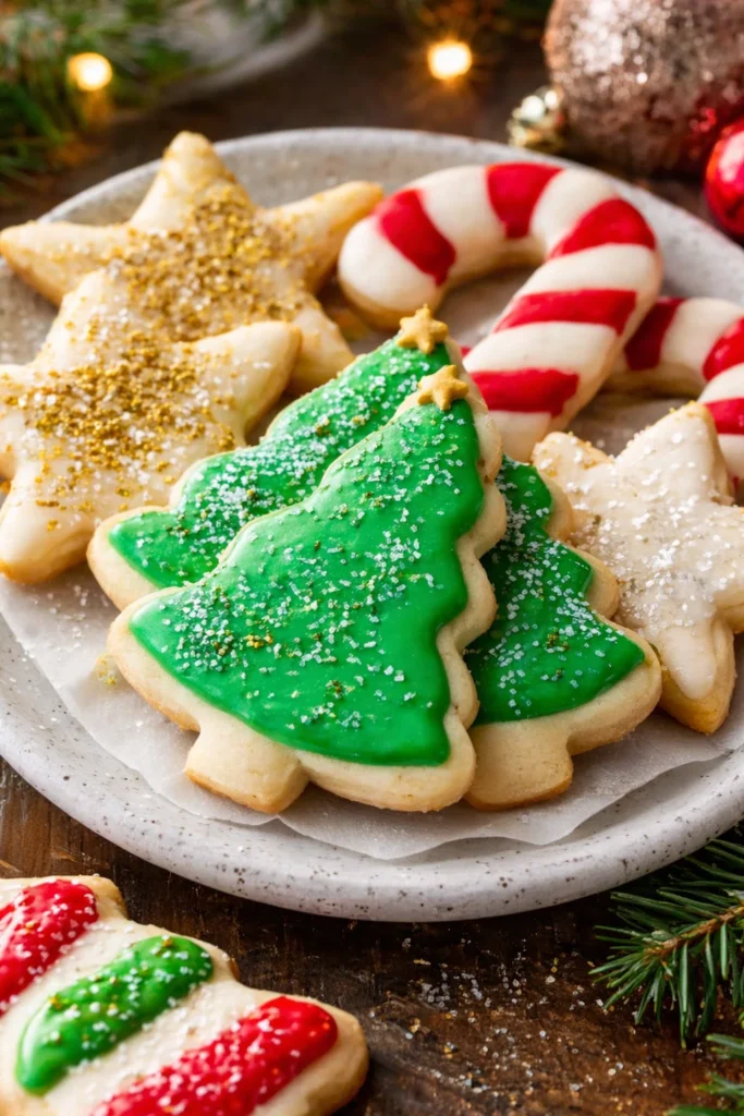 Freshly baked easy sugar cookies with colorful frosting